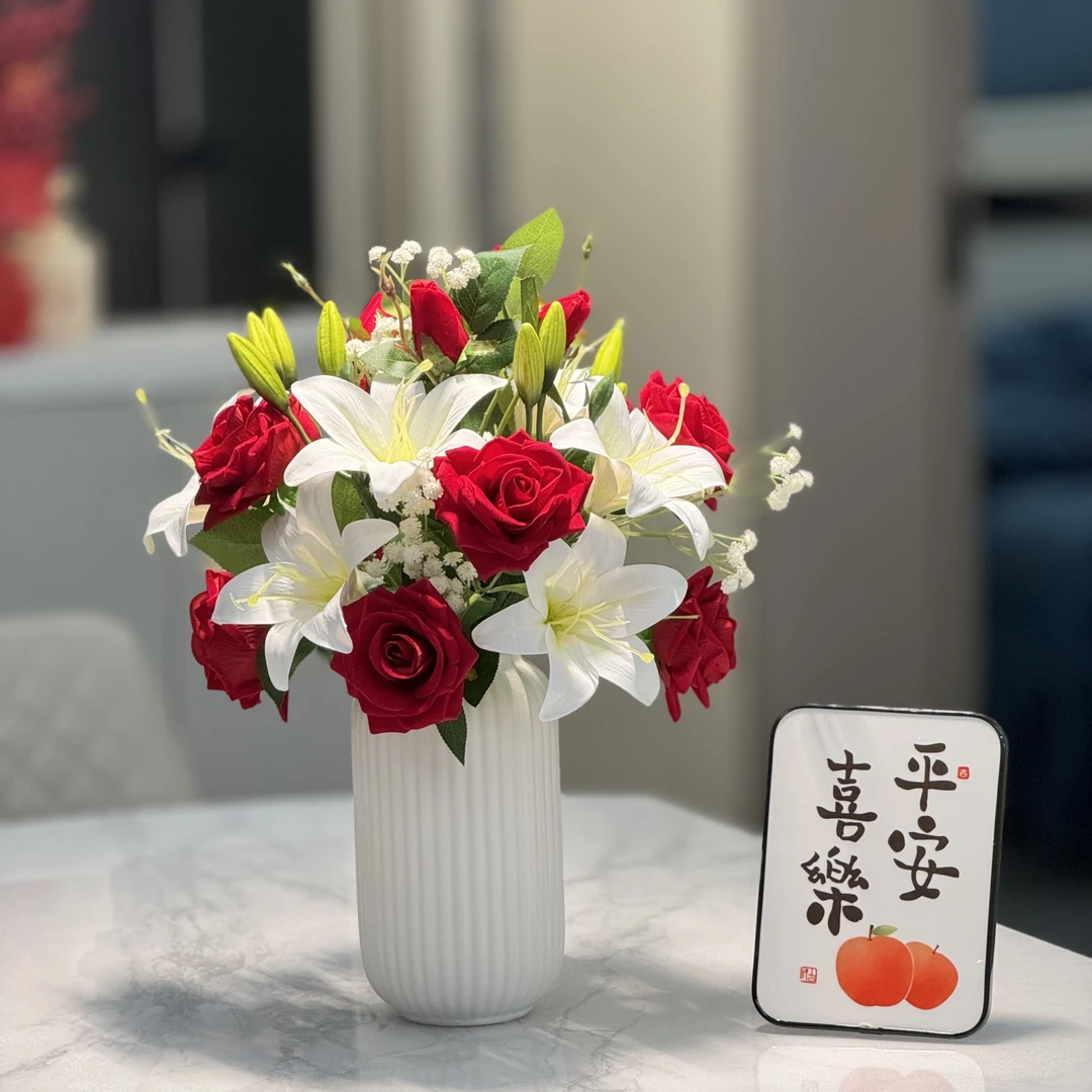 【盛海花卉】高档丝绒玫瑰花仿真花假花装饰客厅满天星百合绒布玫瑰
