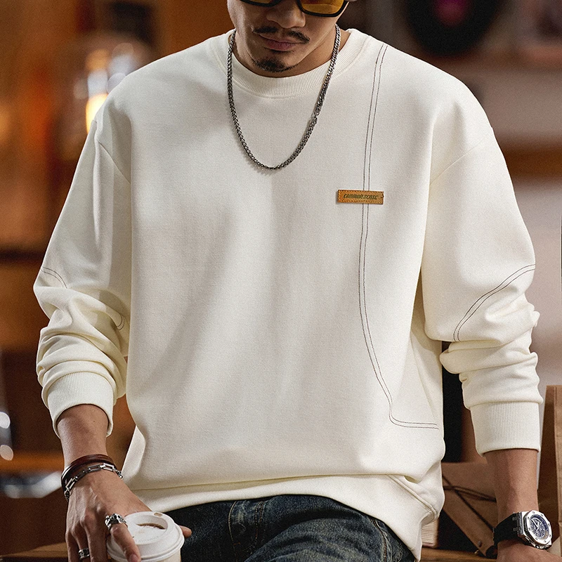 美式复古卫衣男2024新款春秋款高端明线设计感圆领套头内搭打底衫