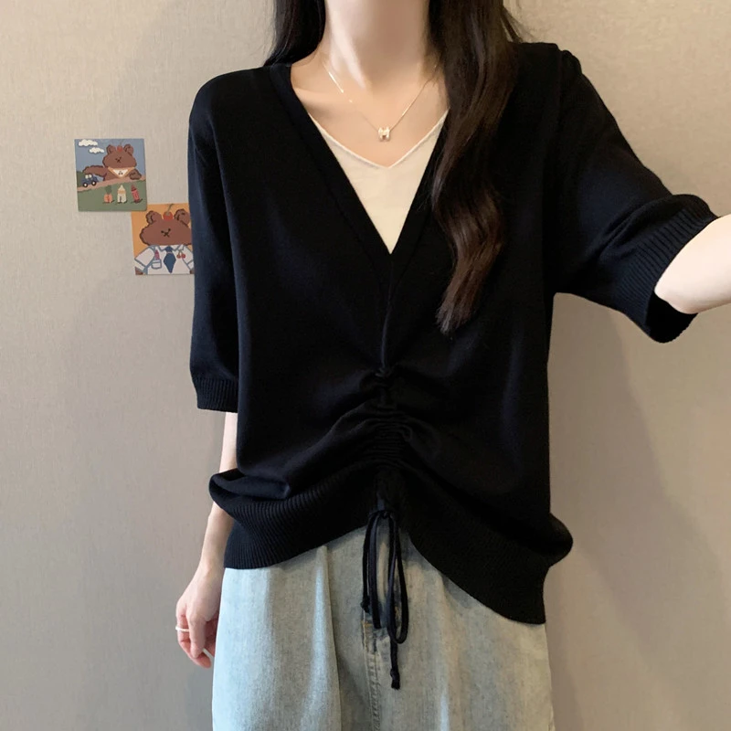 大码女装2025年新款胖妹妹显瘦短袖T恤假两件抽绳设计针织上衣潮