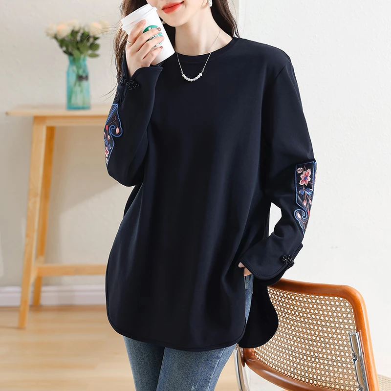 大码女装圆领刺绣棉质长袖T恤2025春季新款中长打底落肩上衣宽松