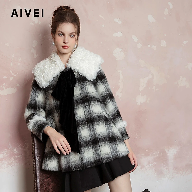 AIVEI欣贺24冬季新减龄甜美公主娃娃版格纹毛呢外套R763502A