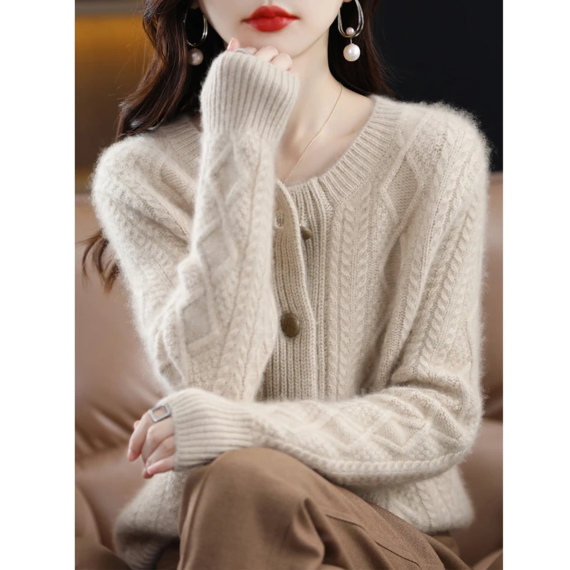 100纯羊毛三股加厚绞花圆领开衫女重工毛衣百搭宽松外套重磅厚款
