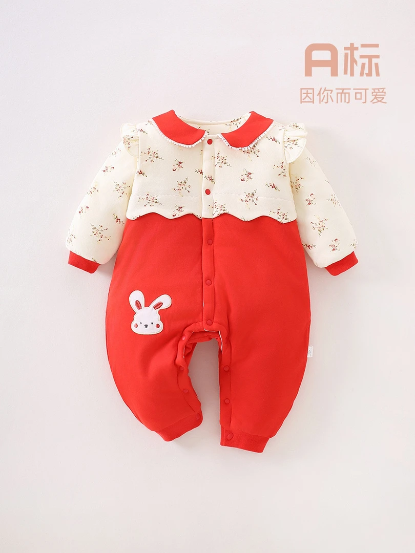 单排扣女秋冬爬服哈衣棉衣婴儿儿童新生儿冬季满月加厚冬装红色