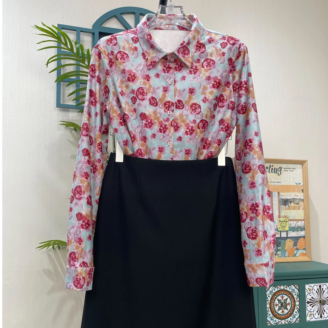 【雪尼尔-玫瑰物语】秋冬新款加绒百搭碎花衬衫上衣时尚气质开衫