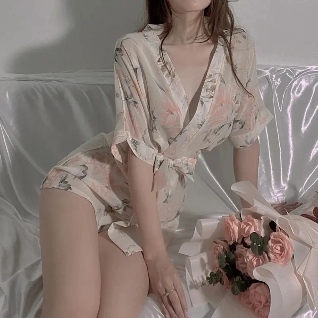 新款性感纯欲印花雪纺束腰和服套装衣浴袍夏季睡衣女套装蕾丝