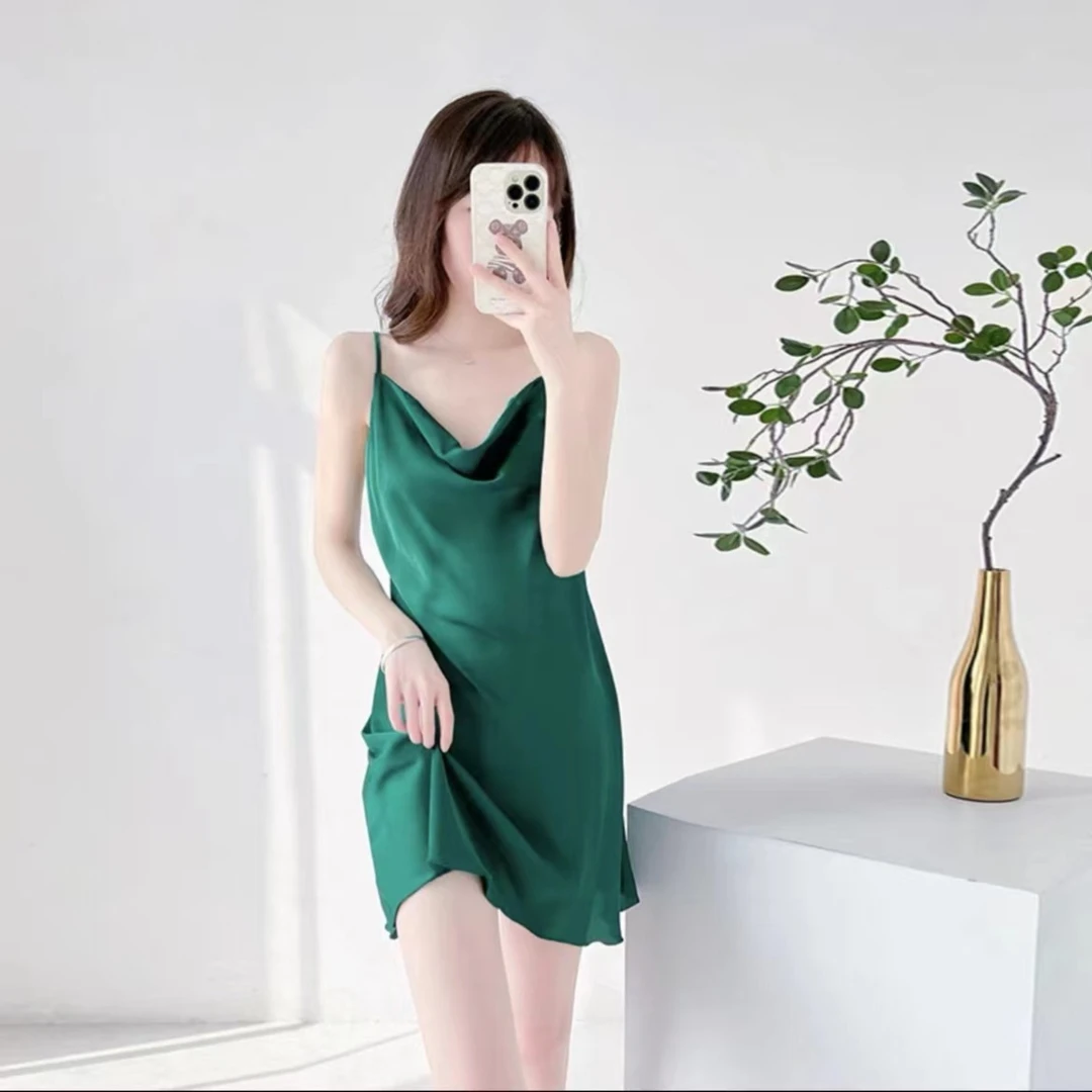 【尤物睡衣】简约吊带纯色睡衣春夏荡领露背睡裙女夏薄款性感睡裙