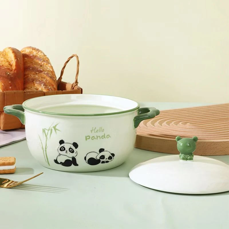 卡通熊猫双耳宿舍泡面碗带盖网红面碗家用大号汤碗可微波炉大碗