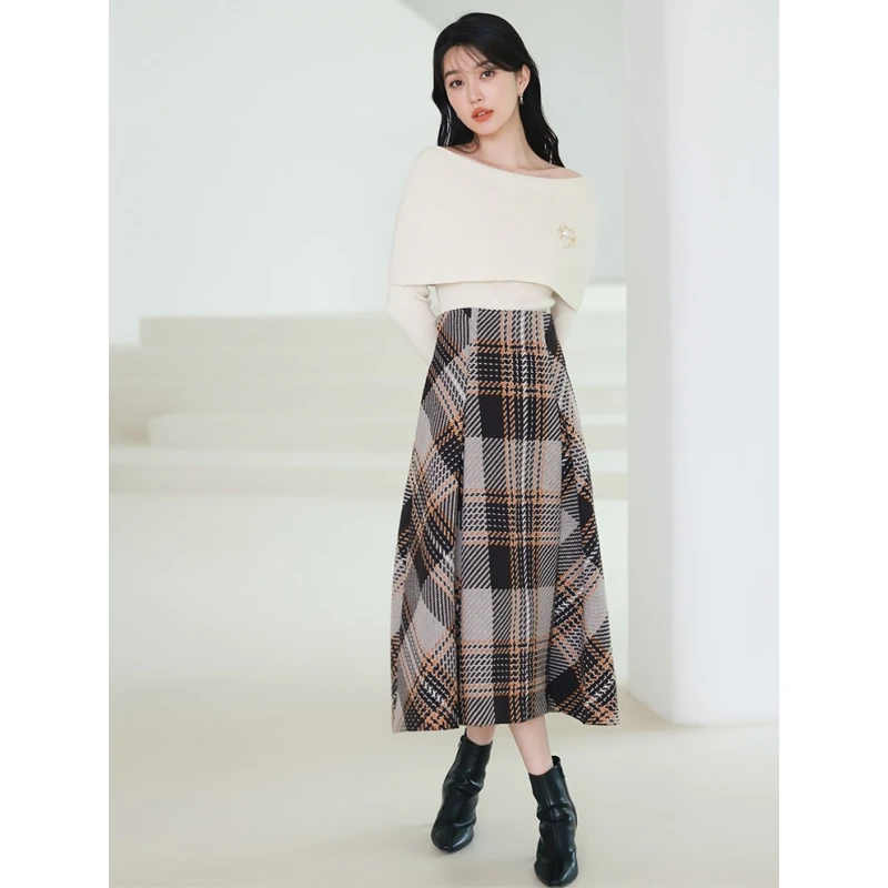 【ARINA】日系品牌 秋冬上新 S 时尚复古格纹粗花毛呢高腰半身裙