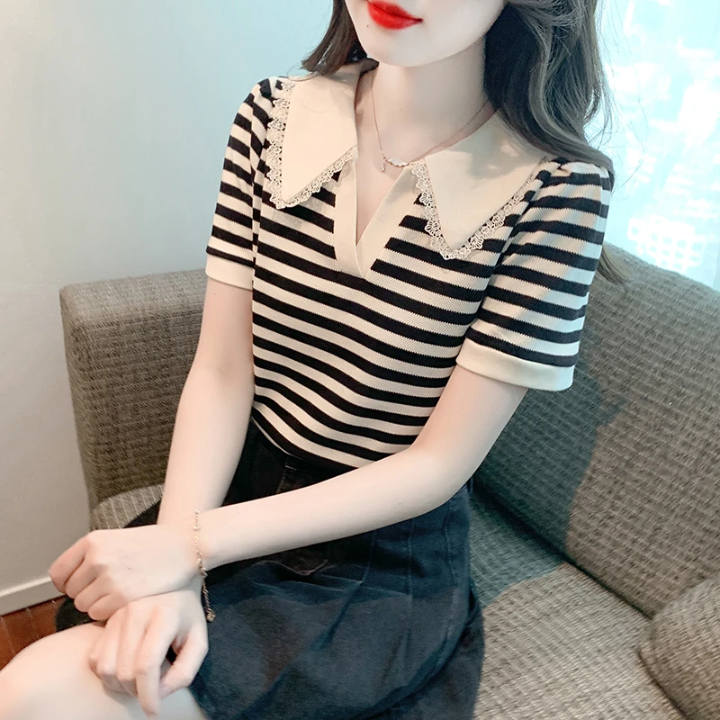 polo领短袖t恤女夏款2025新款夏季时尚小众设计感条纹洋气上衣服
