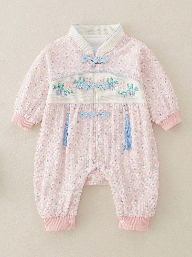 婴儿春装连体衣女宝宝中国风唐装满月百天新生儿春秋外出抱衣礼服