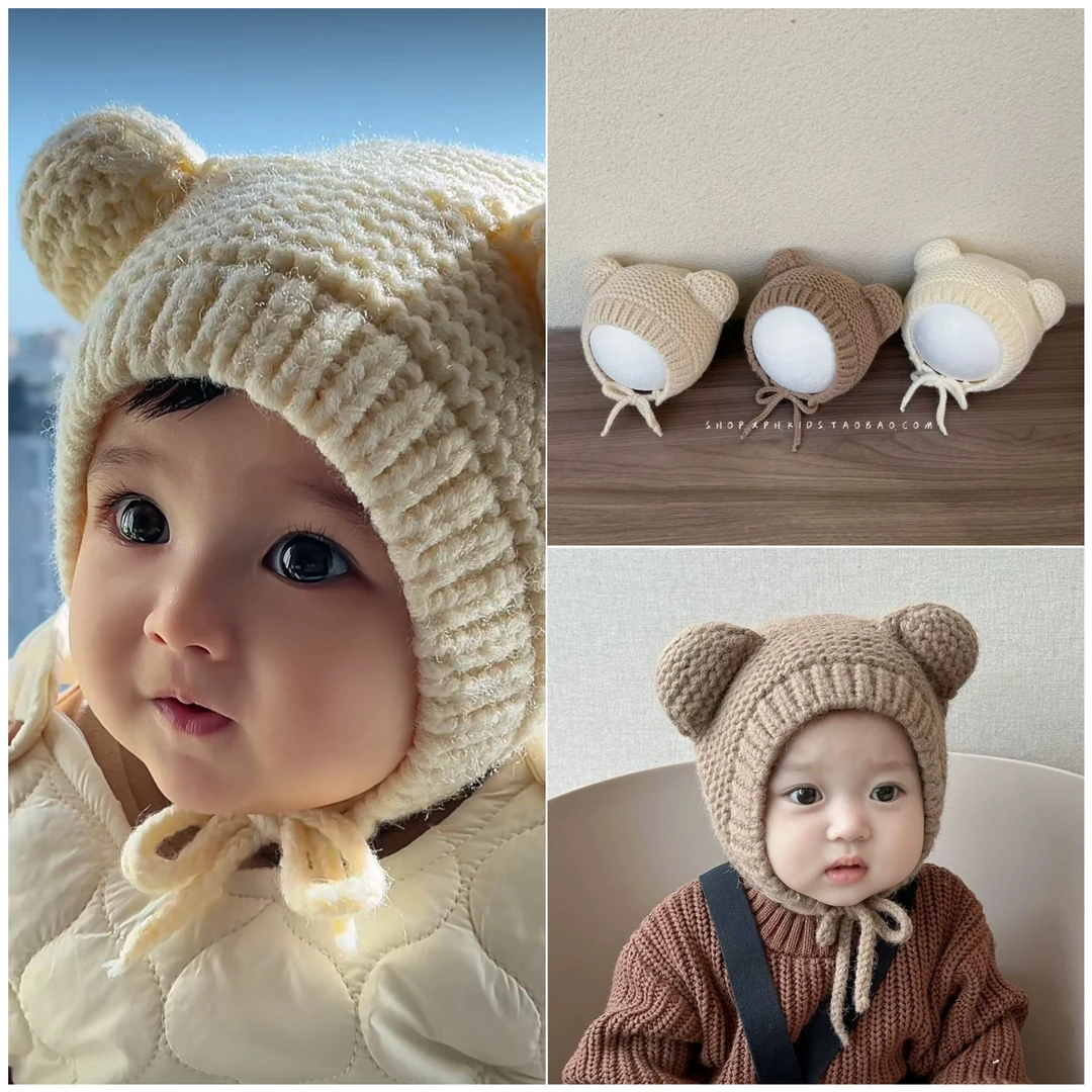 韩国婴儿帽子秋冬季婴幼儿保暖护耳帽新生儿拍照帽男宝宝毛线帽潮
