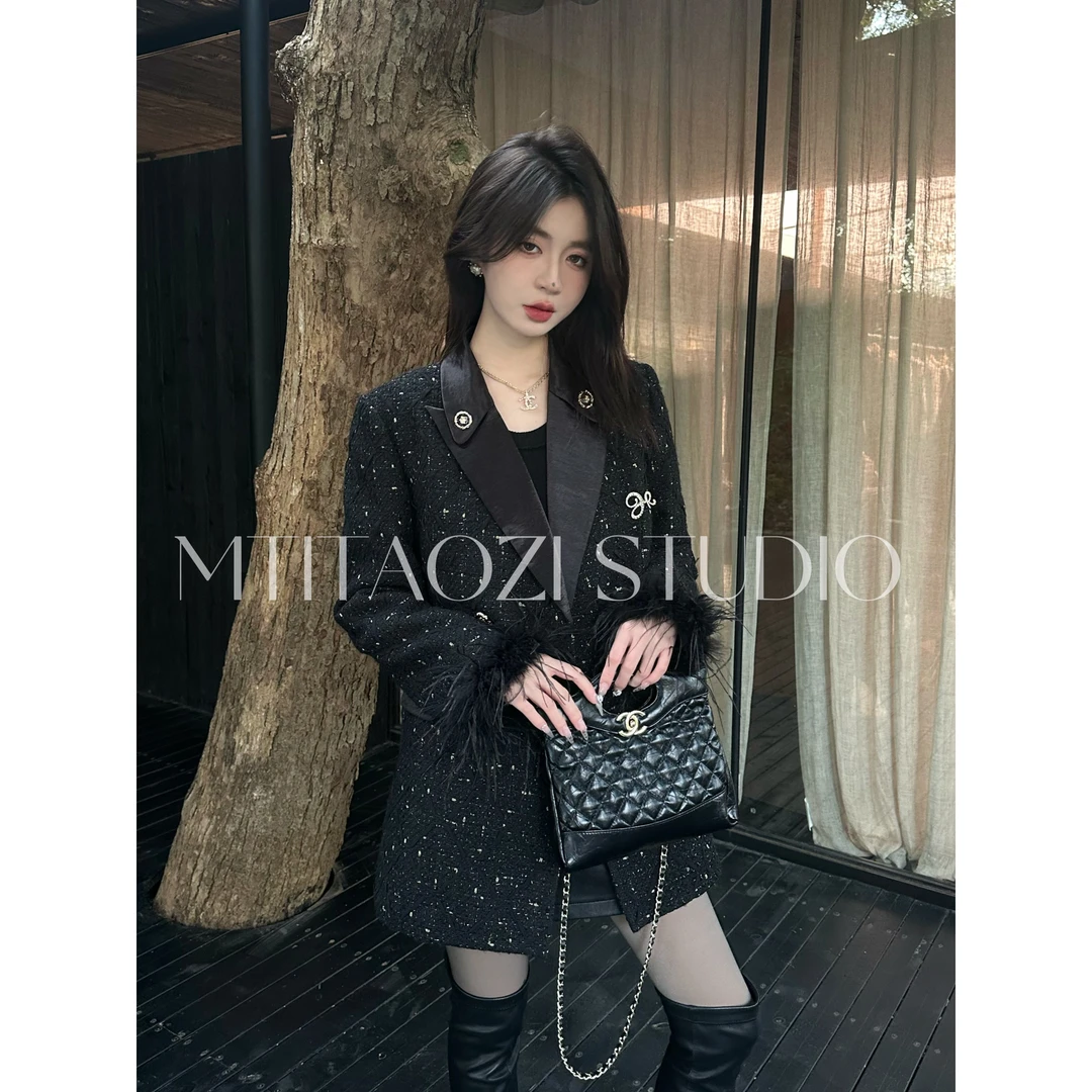 WAIHAN原创高定【夜幕流星】重工定制毛呢鸵鸟毛袖羽绒服LM261069