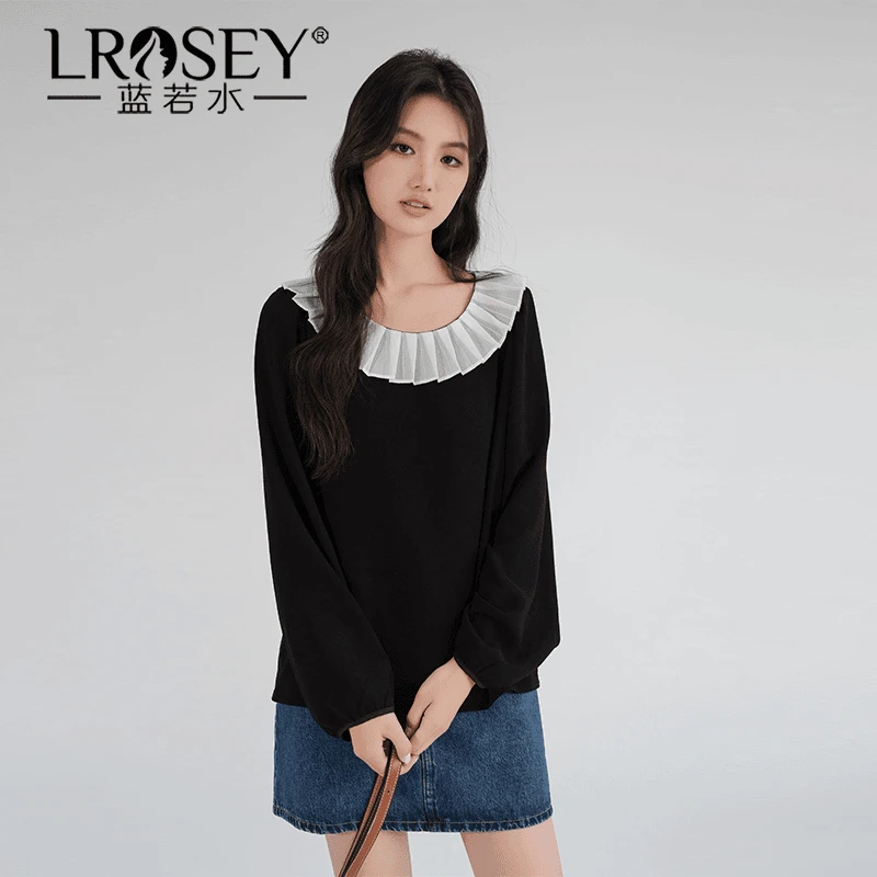 Lrosey/蓝若水大码女装设计感压褶领高端复古雪纺衫气质上衣86306