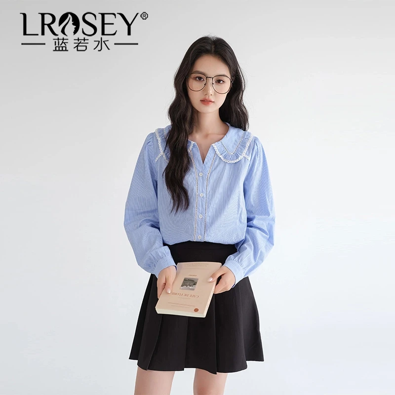Lrosey/蓝若水大码女装蕾丝边娃娃领格纹衬衫巨显瘦韩系上衣85677