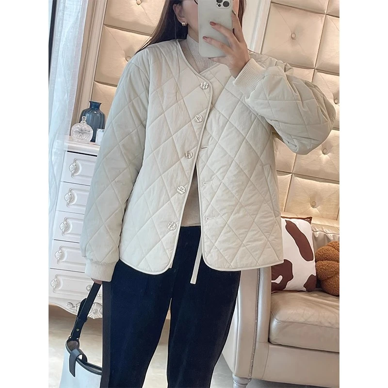 Lrosey/蓝若水大码女装韩版菱格保暖棉服宽松遮肚夹棉外套1639