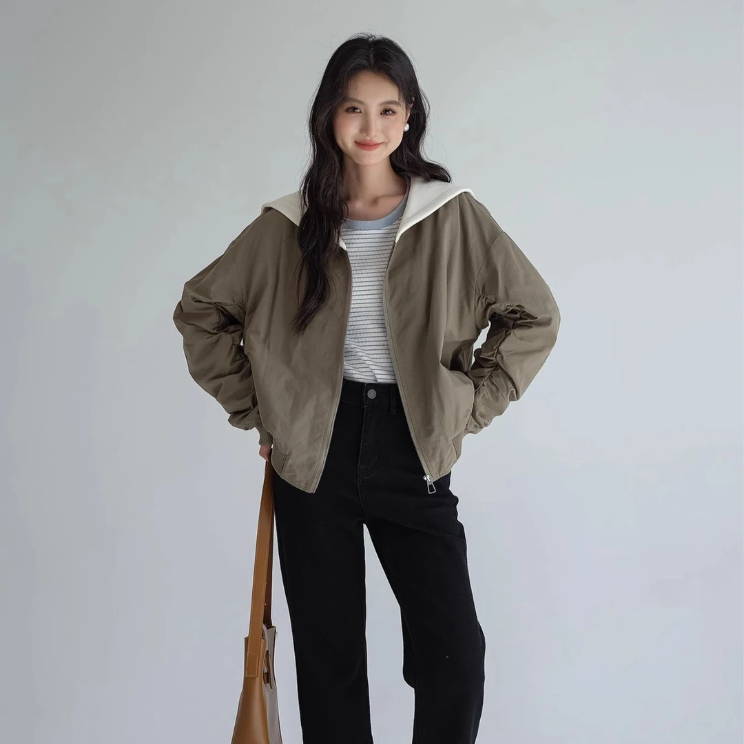 Lrosey/蓝若水【海军领加绒夹克外套】大码女装保暖美式棒球服1505