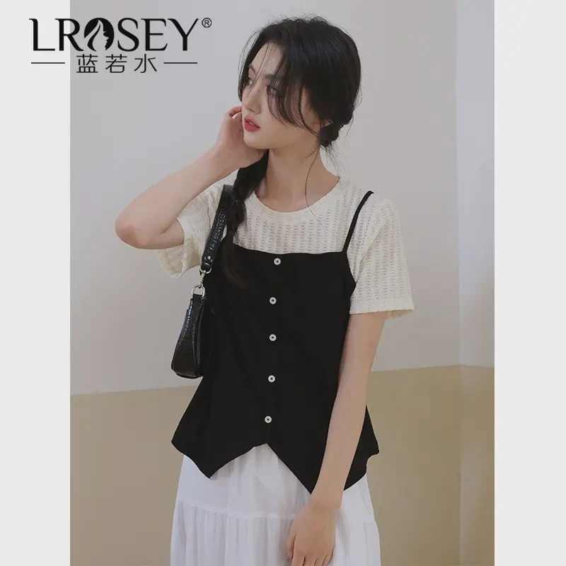 Lrosey/蓝若水大码女装假两件吊带拼接衬衫显瘦开叉法式上衣86172
