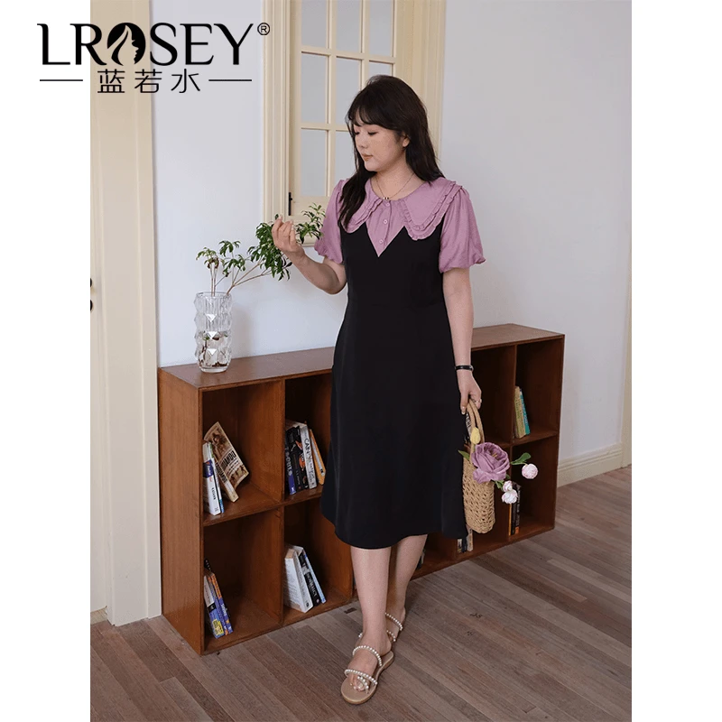 Lrosey/蓝若水大码女装收腰遮肚假两件法式双层娃娃领连衣裙8088