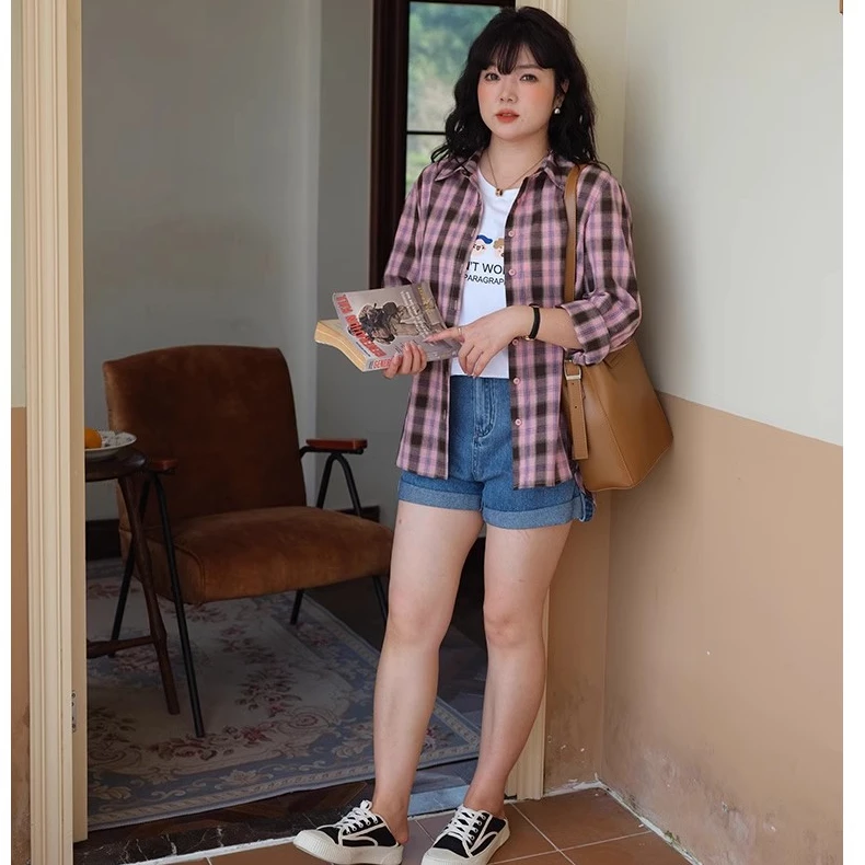 Lrosey/蓝若水大码女装韩系格纹衬衫外套秋季新款领通勤上衣85361