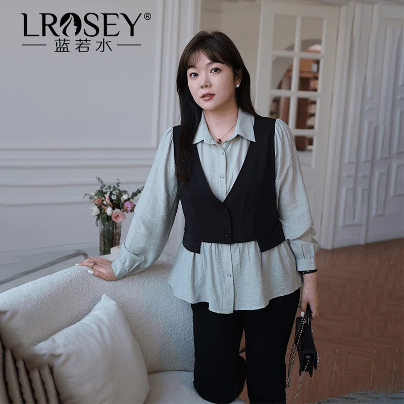 Lrosey/蓝若水大码春季时尚假两件遮肚上衣洋气减龄显瘦衬衫85731