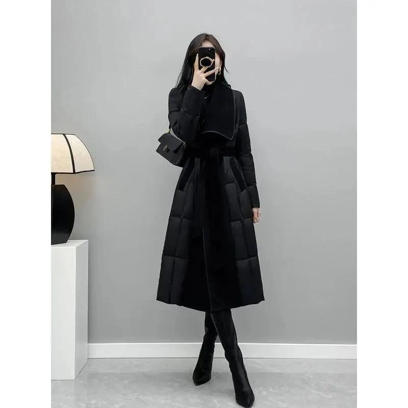 2023冬季新款时尚毛呢拼接羽绒衣黑色中长款大衣系带轻薄羽绒衣服