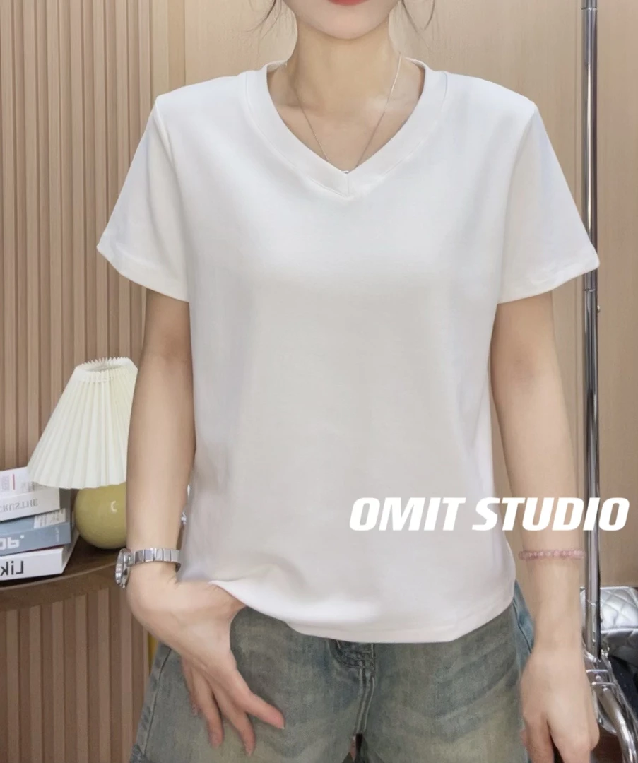 【V领T】新款正肩V领弹力棉修身小个子显瘦常规简约纯色短袖