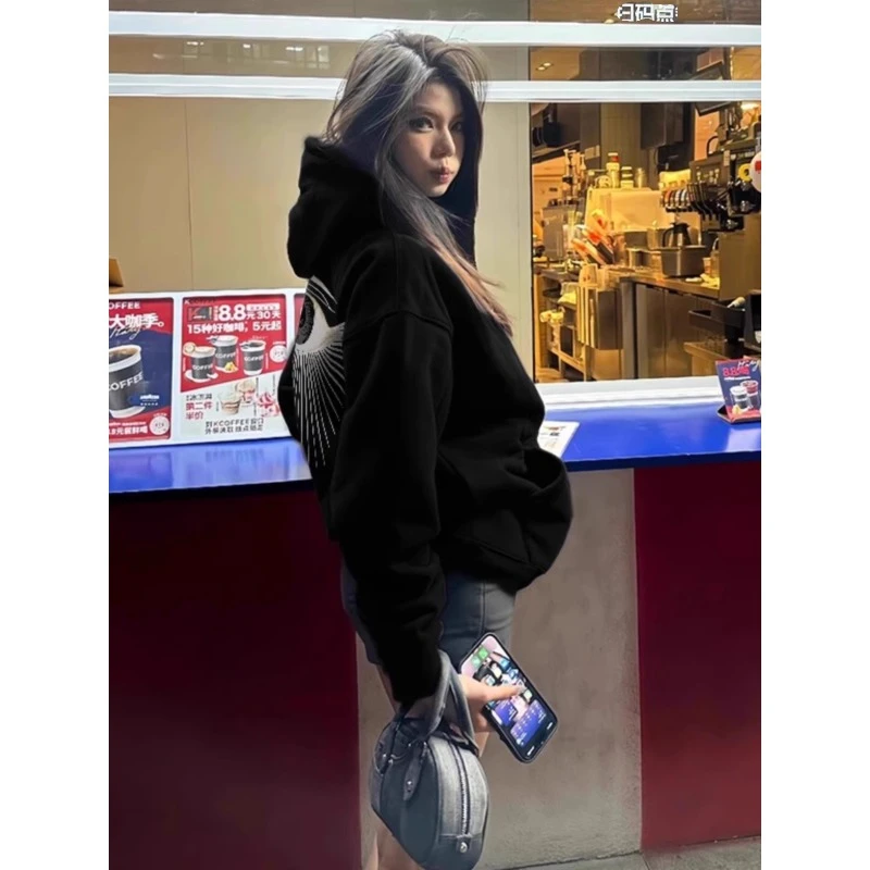 2024美式高街复古连帽卫衣女宽松chic慵懒风秋冬新款加绒加厚上衣