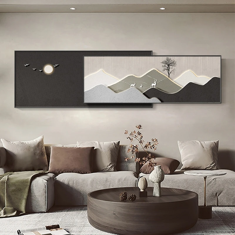 现代简约轻奢客厅沙发背景墙抽象卧室叠加极简侘寂风装饰画挂画