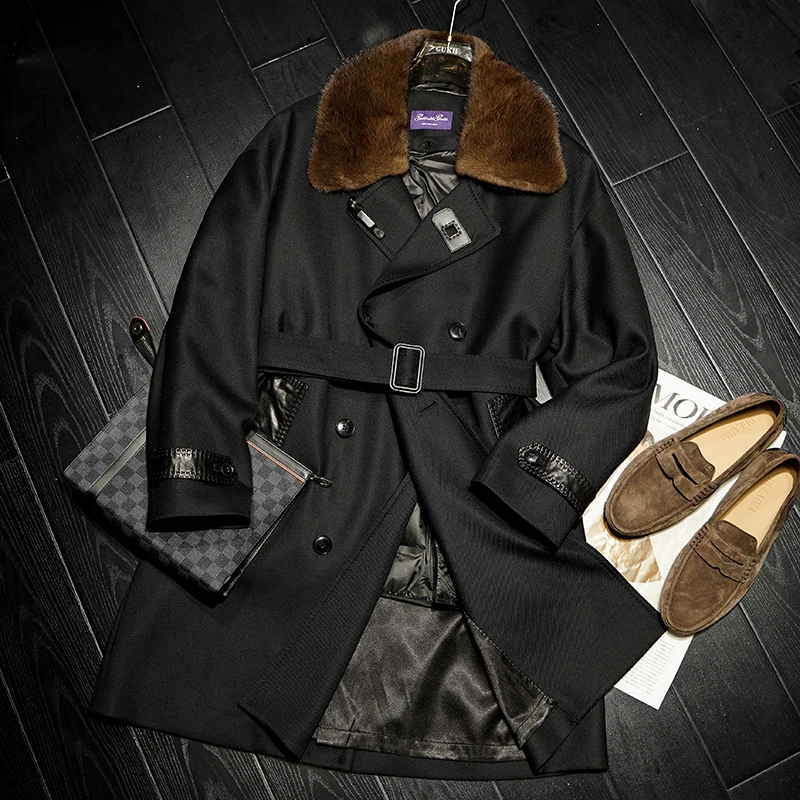 冬季男装大衣羊毛长款水貂领休闲外套鹅绒服气场高级男款真皮皮衣