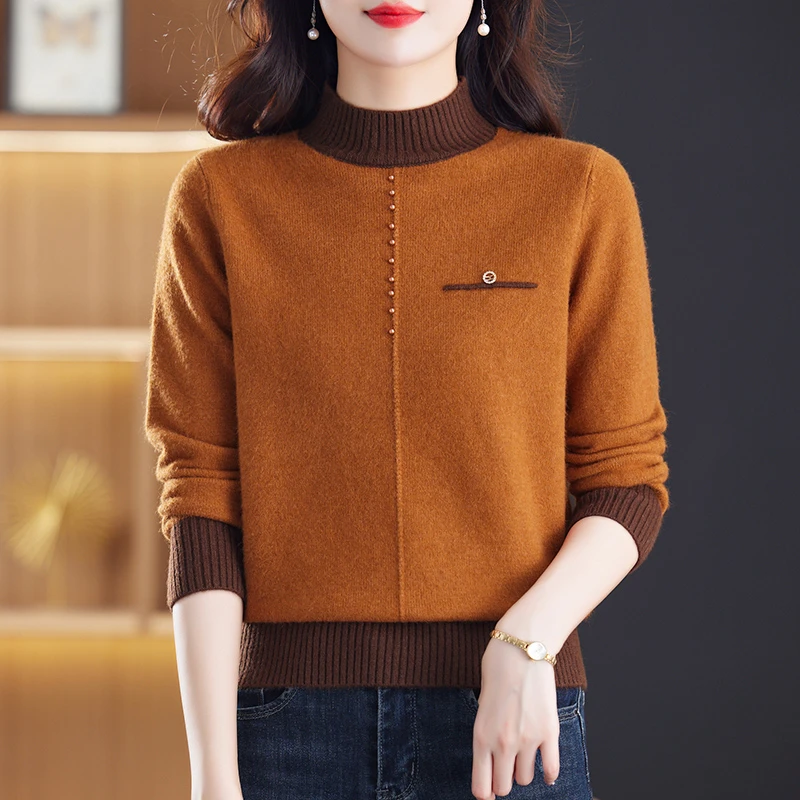 冬季新款女毛衣装宽松套头半高领提花长袖针织短款加厚针织衫女