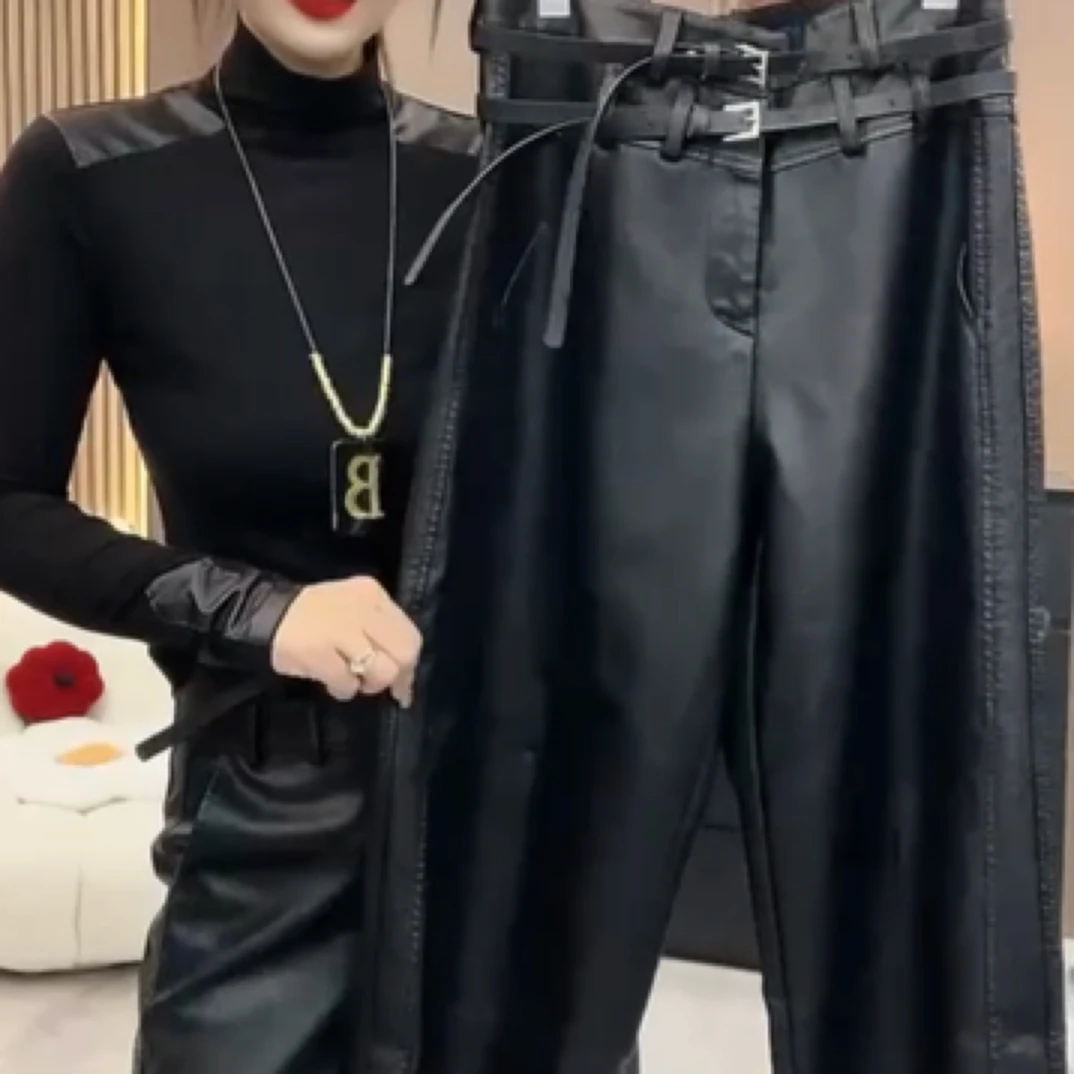 欧货新款时尚百搭高腰双腰带阔腿水洗皮9分裤