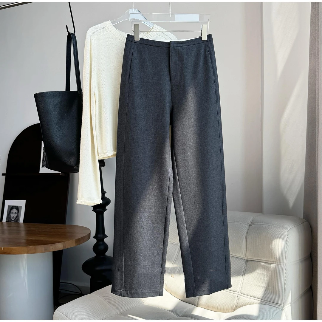 秋季新款百搭休闲时尚宽松女士高腰撞色腰头窄版阔腿裤
