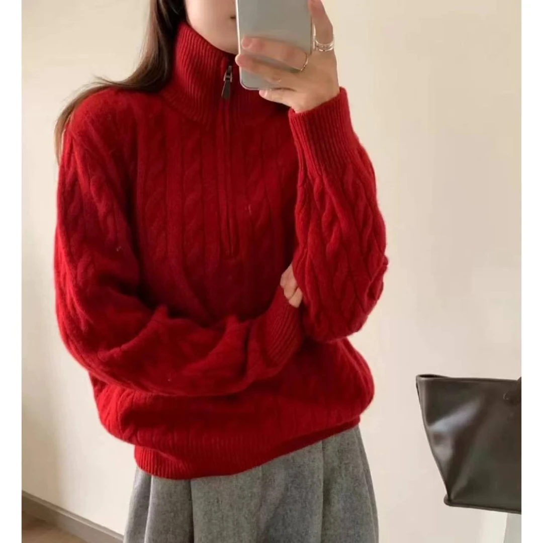 【麻花半开高领】纯色麻花简约百搭半开拉链高领加厚针织毛衣5026