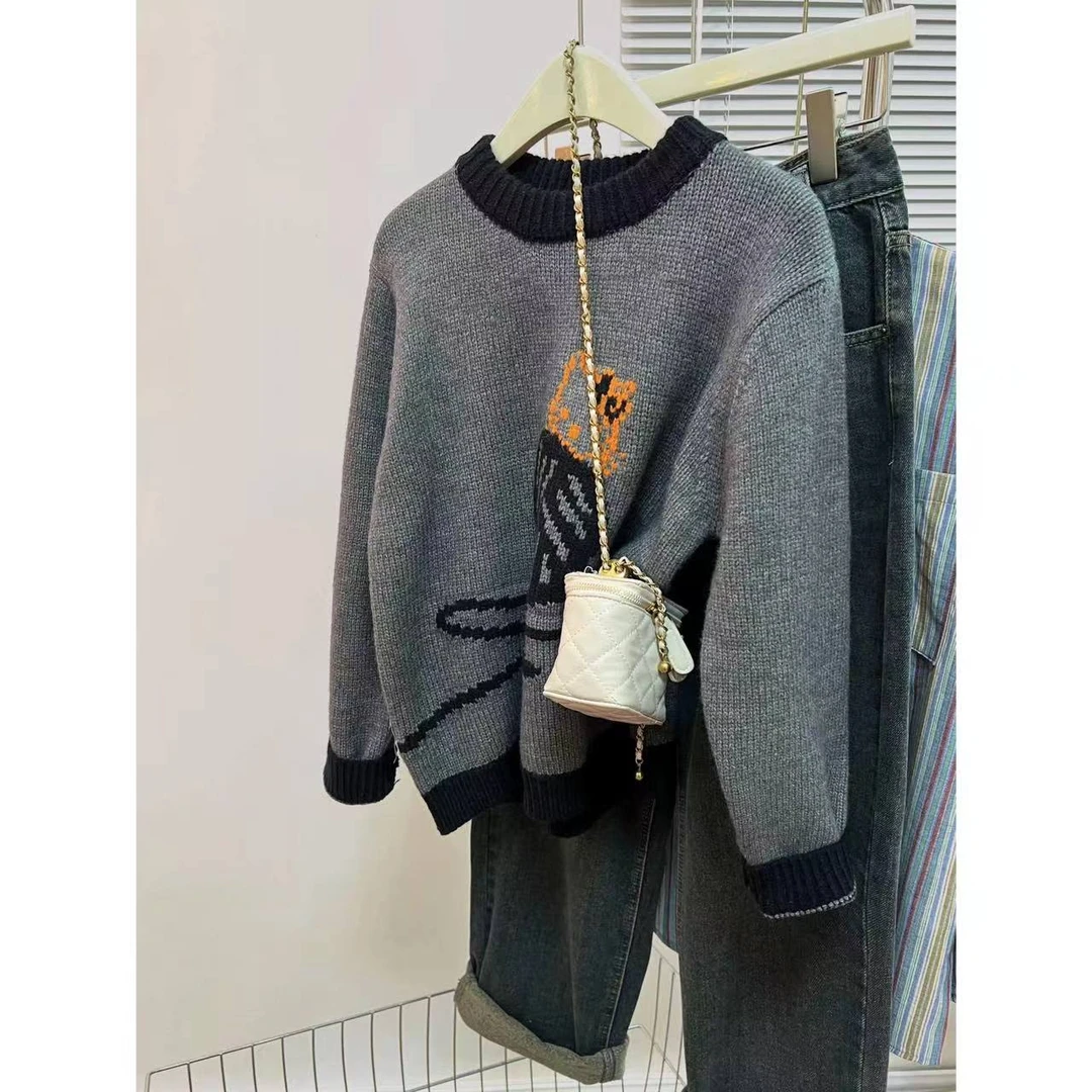 【毛球猫咪】猫咪卡通时尚减龄长袖针织衫加厚慵懒风休闲毛衣8026