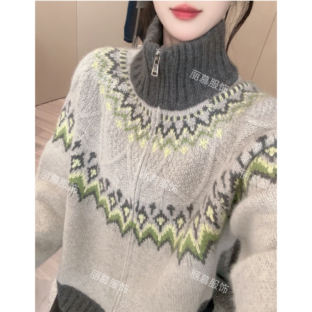 【高领波浪撞色开衫】秋季保暖高领针织拉链开衫