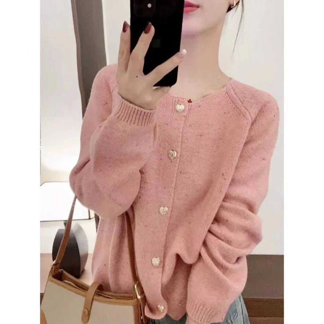 【爱心纽扣】粉色小香风插肩亮丝慵懒风针织开衫女装上衣