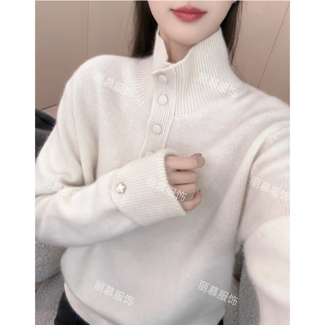 【纯色立领包扣套头】简约百搭高领包扣针织套头衫上衣6065