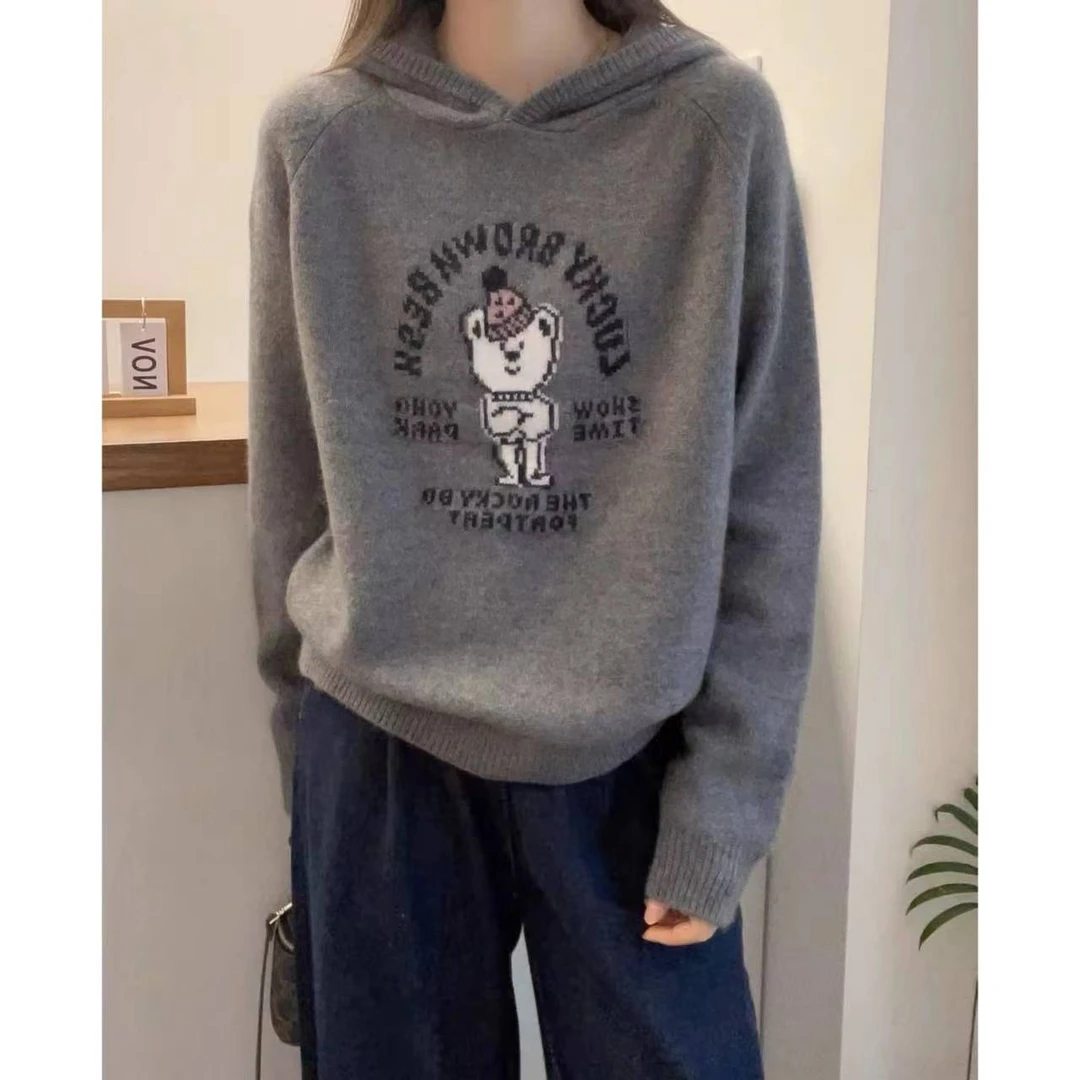 【小熊连帽】字母卡通小熊插肩袖宽松慵懒风灰色针织连帽衫6028