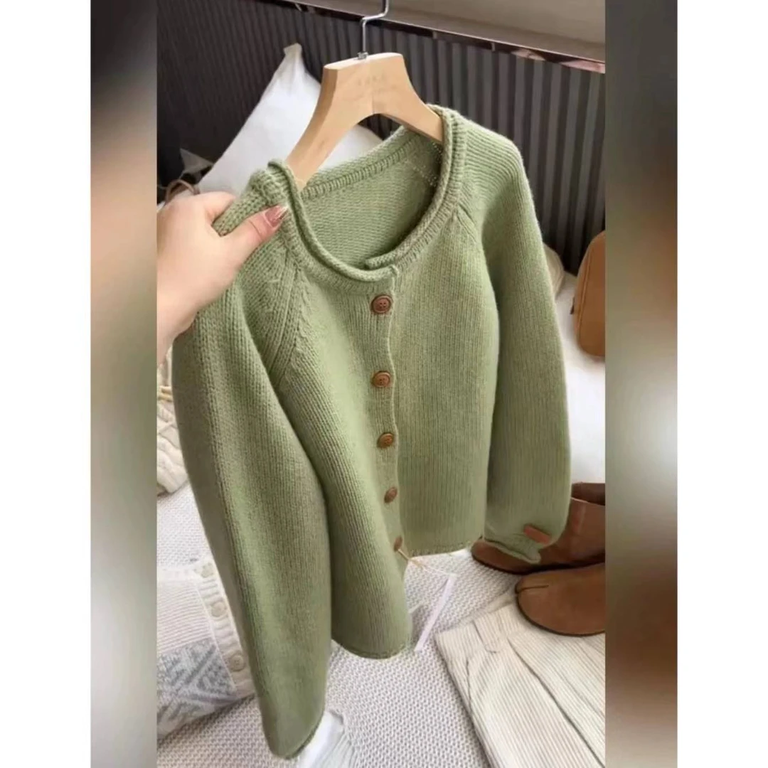 【卷边薄荷绿开衫】纯色灯笼袖贴标宽松慵懒风小众针织开衫外套