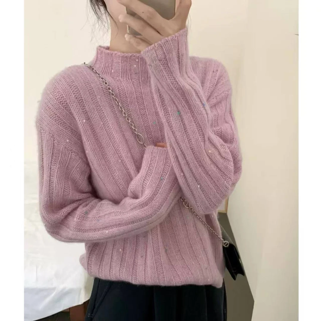 【亮片坑条半高领】纯色简约浣熊亮片竖坑条百搭针织套头毛衣8077