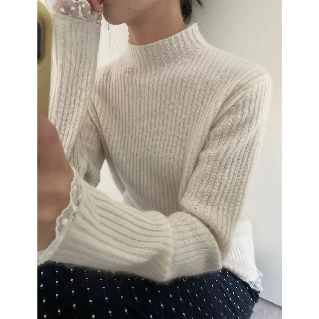 【抽条拼接蕾丝花边】钉珠蝴蝶结装饰拼接蕾丝花边针织衫打底7031