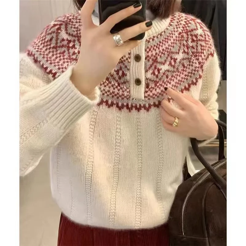 【三粒扣民族风】洋气复古穿搭宽松秋季撞色波浪纹针织套头衫9005