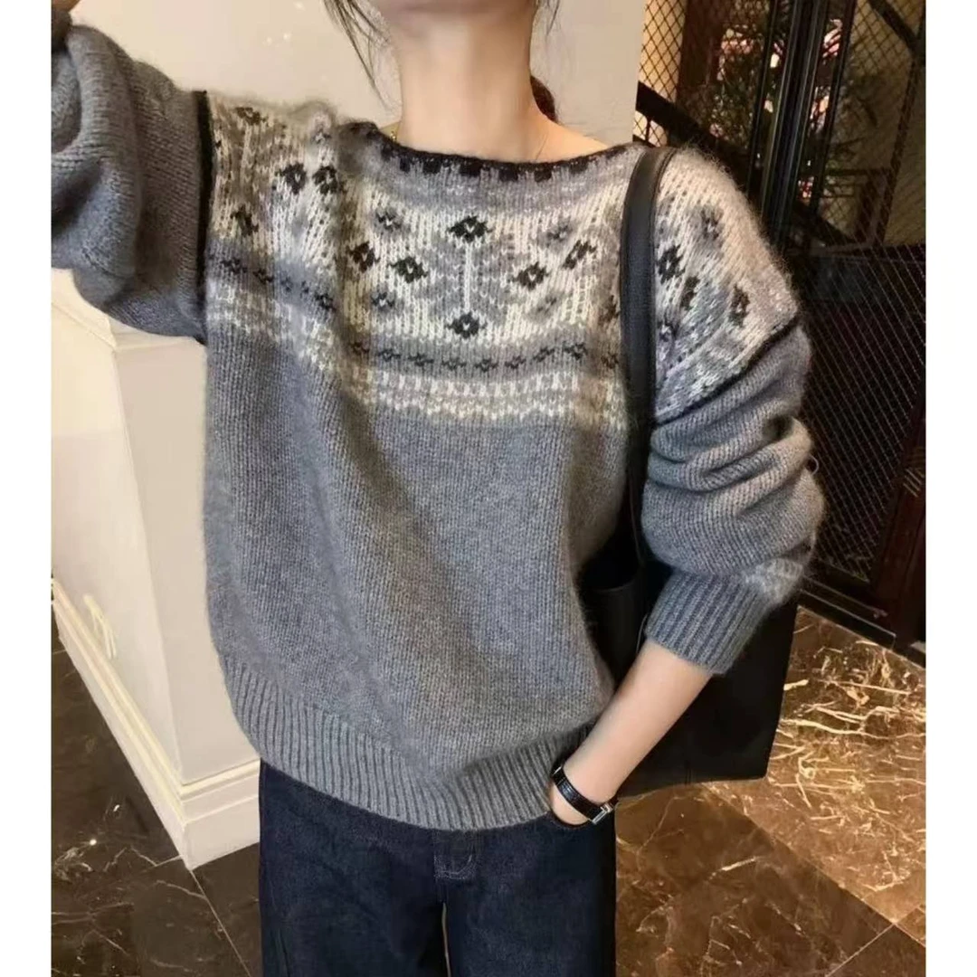【一字领费尔岛提花】秋冬加厚气质复古费尔岛提花针织套头毛衣1059