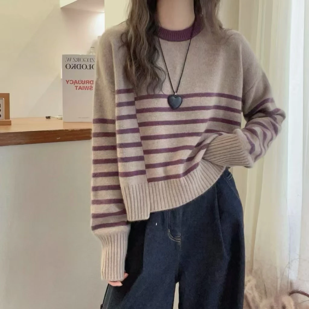 【不规则条纹】韩系慵懒风拼色条纹圆领毛衣秋季复古针织衫8058