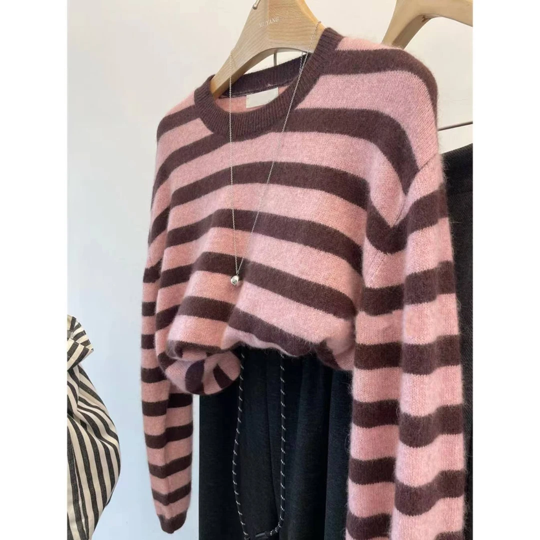 【多巴胺条纹】超显白~桃粉撞色条纹秋季百搭针织套头衫1199