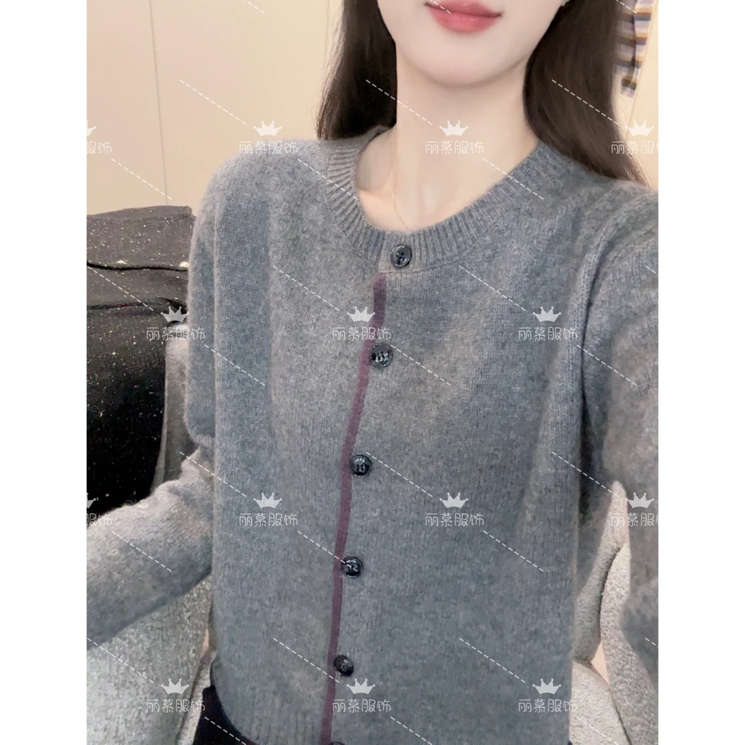 【紫边小开衫】气质撞色单排扣秋季韩版显瘦针织开衫5007