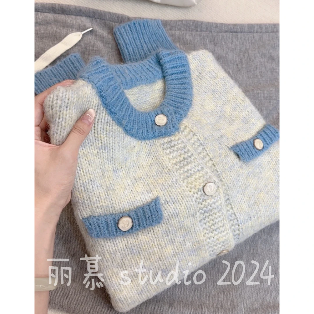 【薄荷海盐蓝】假口袋慵懒风小香风针织开衫外穿气质百搭女装8033