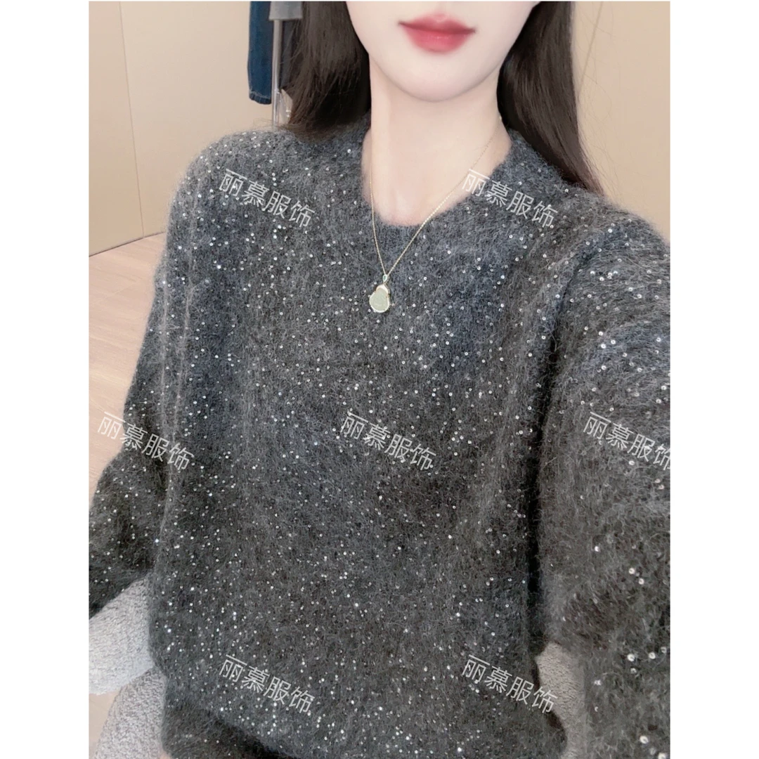 【满天星亮片】亮片慵懒风圆领针织套头衫秋冬新款毛衣9033