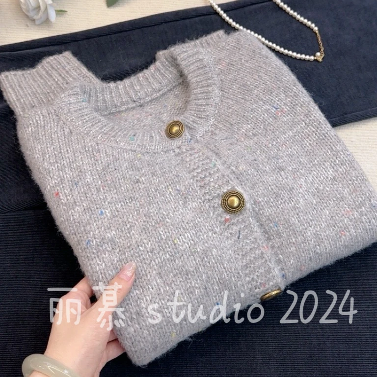 【彩点铜扣脏脏灰】圆领铜扣休闲百搭针织开衫上衣