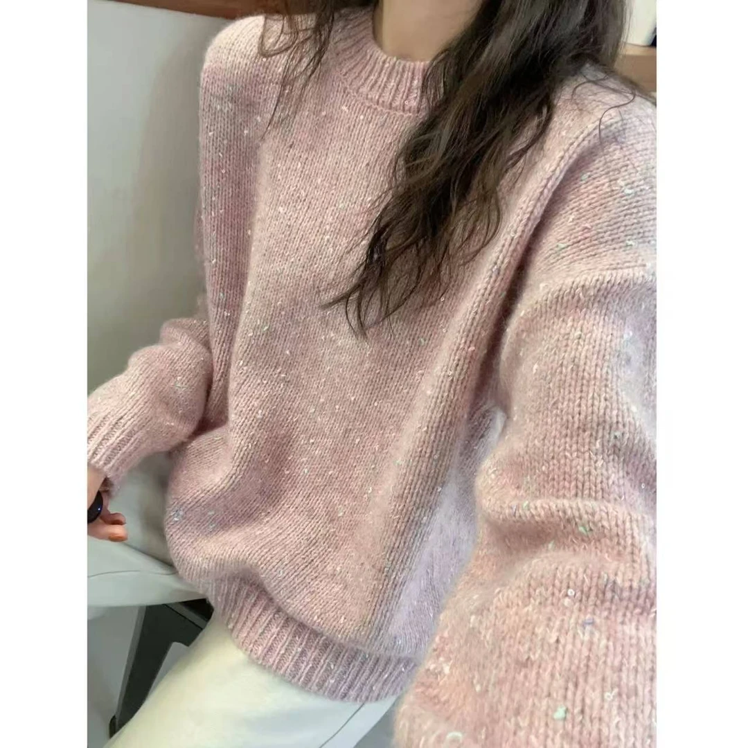 【彩点亮片套头】针织衫宽松亮片彩点精致洋气百搭圆领毛衣8081